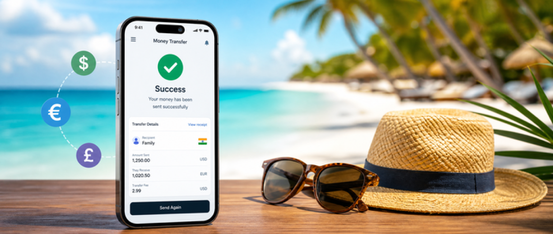 A mobile showing a successful money transfer on a sunny tropical beach background, illustrating Summer Support Transfers for families during the peak season.