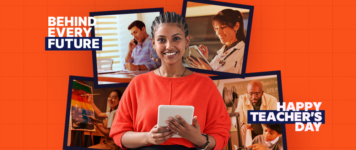 World Teachers' Day banner featuring a smiling woman holding a tablet in front of pictures of different professionals, with text reading "Behind Every Future, Happy Teacher's Day.