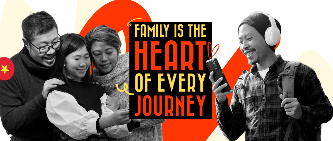 Graphic for Vietnam Family Day featuring a black-and-white photo of a smiling family looking at a phone on the left, and a young man with a backpack and headphones looking at his phone on the right. In the center, text reads "Family is the heart of every journey" against a bright red and yellow backdrop with a Vietnamese star emblem.