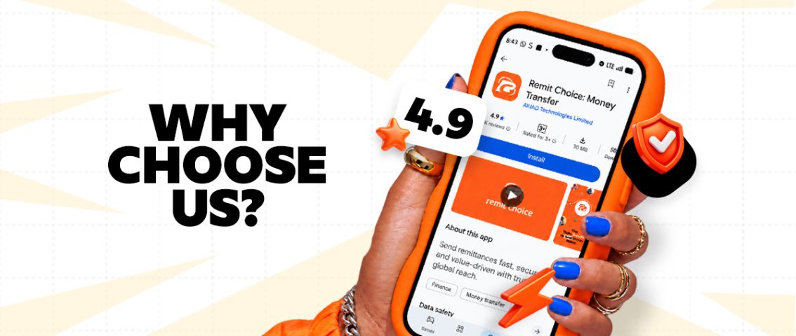Send money with Remit Choice using a secure, highly rated money transfer app, featuring a 4.9-star rating.
